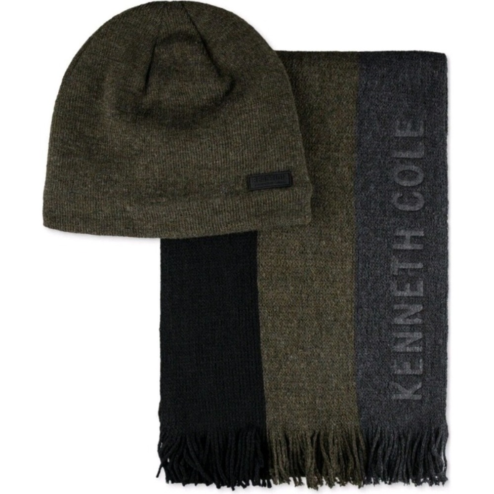 Reaction Kenneth Cole Men's Beanie Scarf Set Olive Black Lined Warm NWT $55‎